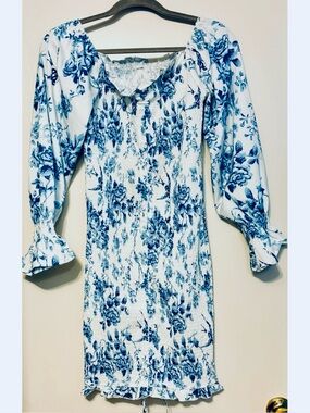 Blue Floral Smocked Mini Dress Elastic Waist, Puff Long Sleeves, Scoop Neck